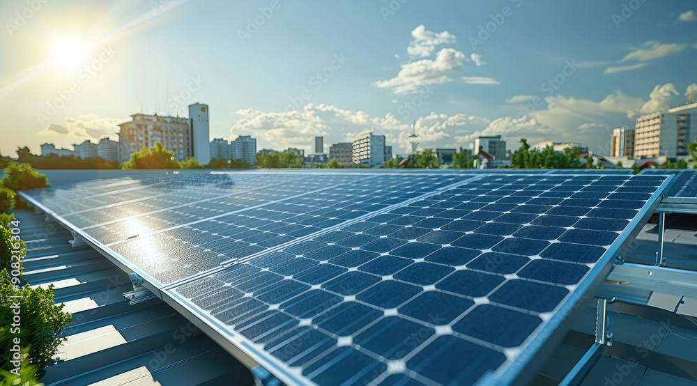 Aufkleber Close-up view of photovoltaic solar panels on a large commercial building roof, showing both panels and building structure, modern industrial architecture visible in background. Generative AI.