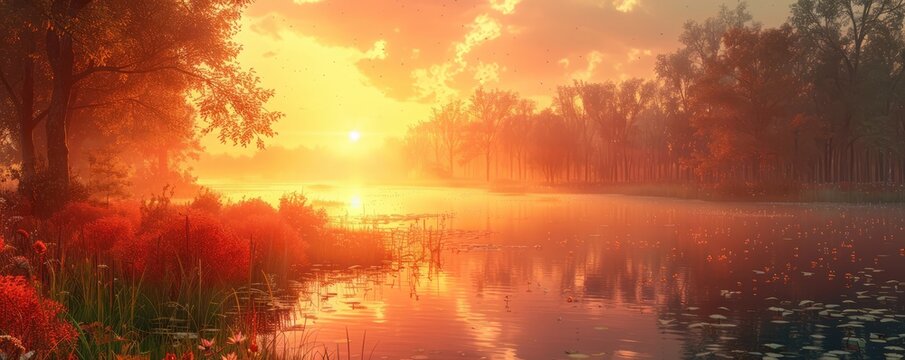 A dark forest with a path leading through it. The sky is cloudy and the sun is setting