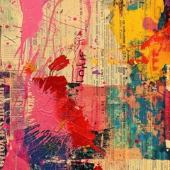 Fototapeta premium Abstract Collage with Red and Yellow Paint Splashes on Old Paper, Abstract art, Mixed media, Collage, Digital art ,abstract art, mixed media