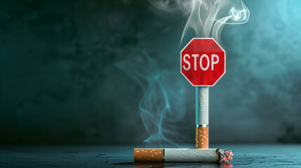 No smoking. Smoking cigarette and red stop sign on blue background. Horizontal banner. Copy space. The Great American Smokeout. World Lung Cancer Day. World no tobacco day. Bad habits, addiction