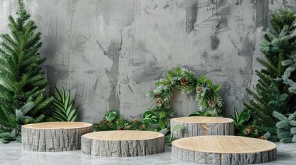 Zero waste eco friendly Green Christmas with wooden podiums and greenery on concrete backdrop