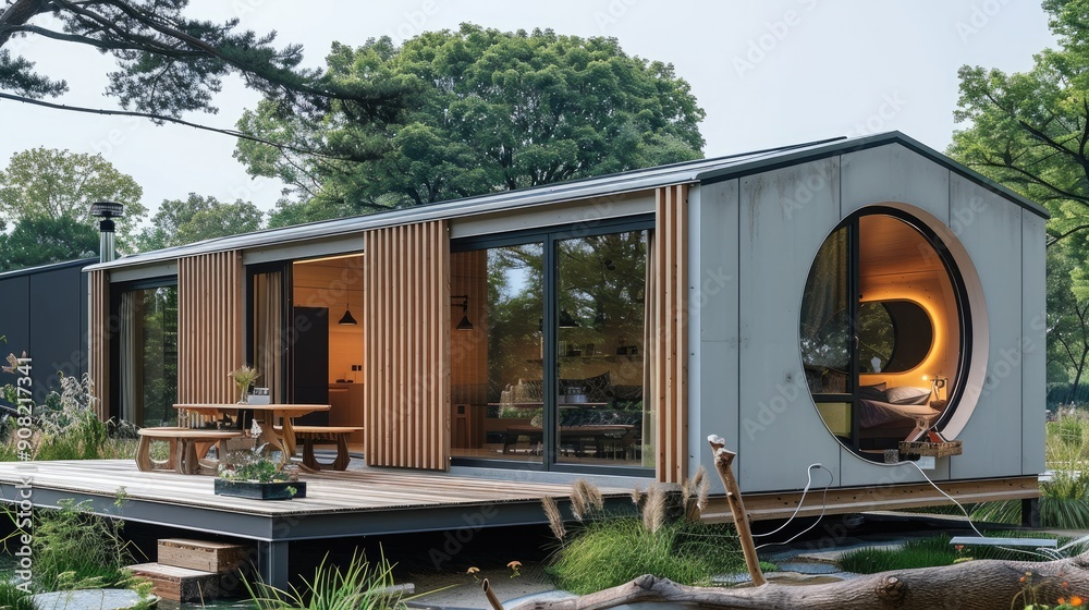 Poster a modern, small house with vertical slats on the gable roof and a large round window in front of an 