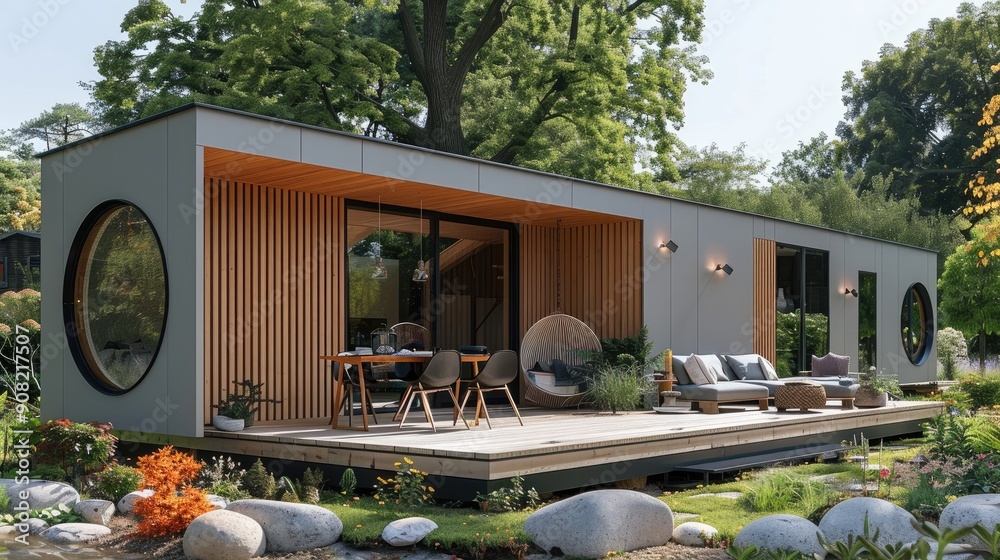 Poster a modern, small house with vertical slats on the gable roof and a large round window in front of an 