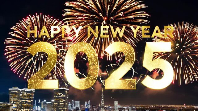 Fireworks forming golden shiny Happy New Year 2025 lettering animation. Christmas celebration concept. Animated text with sparkling effects. Greeting inscription