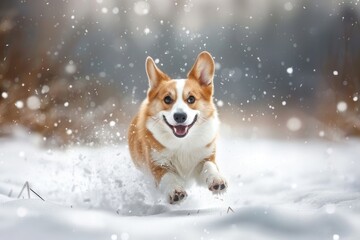 Corgi Snow: Welsh Corgi Dog Laughing in Joyful Snowy Winter Scene