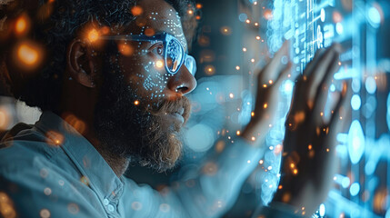 Business professional interacting with a holographic interface, highlighting futuristic technology and innovative business solutions. Generative AI.