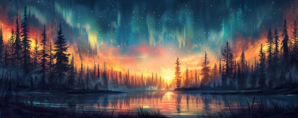 Fototapeta premium Abstract night sky with aurora borealis in watercolor.