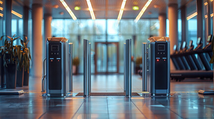 Two turnstiles gates controller in the foreground, front view, fitness center. Generative AI.