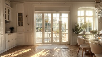 White, beige. Wooden floors, double doors, grid windows, dining table, open kitchen. Generative AI.