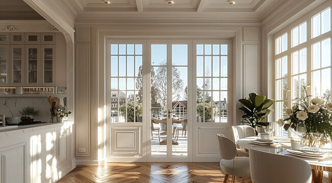 White, beige. Wooden floors, double doors, grid windows, dining table, open kitchen. Generative AI.