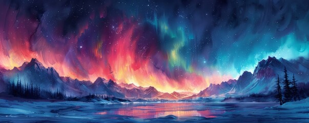 Naklejka premium Abstract aurora borealis over a snowy landscape in watercolor.