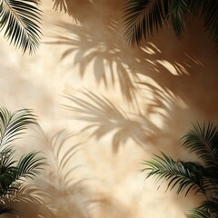 Obraz premium Beautiful texture of beige brown luxury, smooth stucco wall with soft foliage dappled light of tropical tree leaf shadow 