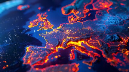 Europe Glowing with Cities, Digital Art, Night Map, Blue and Orange, World Map, Europe, Night
