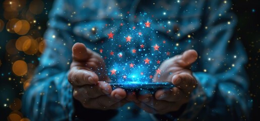 Close up of hands using a mobile phone with stars icons floating above.