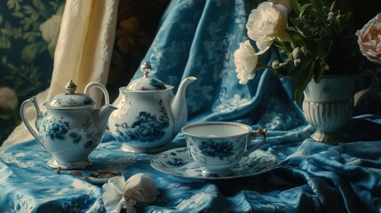 Fototapeta premium Elegant Tea Set and Flowers on a Blue Tablecloth