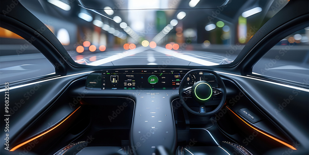 Poster A sleek black futuristic car dashboard that looks like it's floating in mid-air with a large display showing a 3D view of the road and surrounding vehicles. Generative AI.