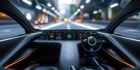 A sleek black futuristic car dashboard that looks like it's floating in mid-air with a large display showing a 3D view of the road and surrounding vehicles. Generative AI.