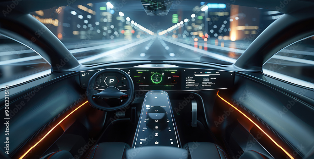 Poster A sleek black futuristic car dashboard that looks like it's floating in mid-air with a large display showing a 3D view of the road and surrounding vehicles. Generative AI.