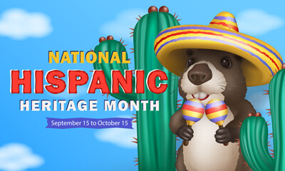 Hispanic Heritage Month banner with 3d cartoon cute capybara dressed in a vibrant sombrero and holding maracas in his paws dancing to rhythmic Latin American music among the cacti against a blue sky