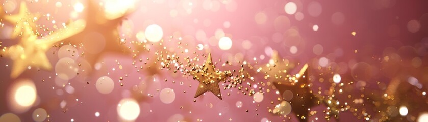 Golden Starry Burst on Pink Background, bokeh , glitter , festive , celebration