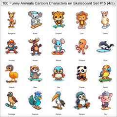 Obraz premium Funny Animals Cartoon Characters on Skateboard Bundle Collection Set of 100 Animal Stickers Part 4