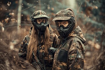 Fototapeta premium Paintball Action. Outdoor Portrait of Paintball Team in Battlefield Zone