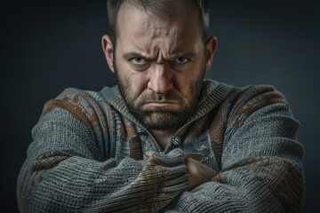 Obraz premium Stubborn Person with Firm Look and Crossed Arms, American Caucasian Adult Showing Anger and Depression