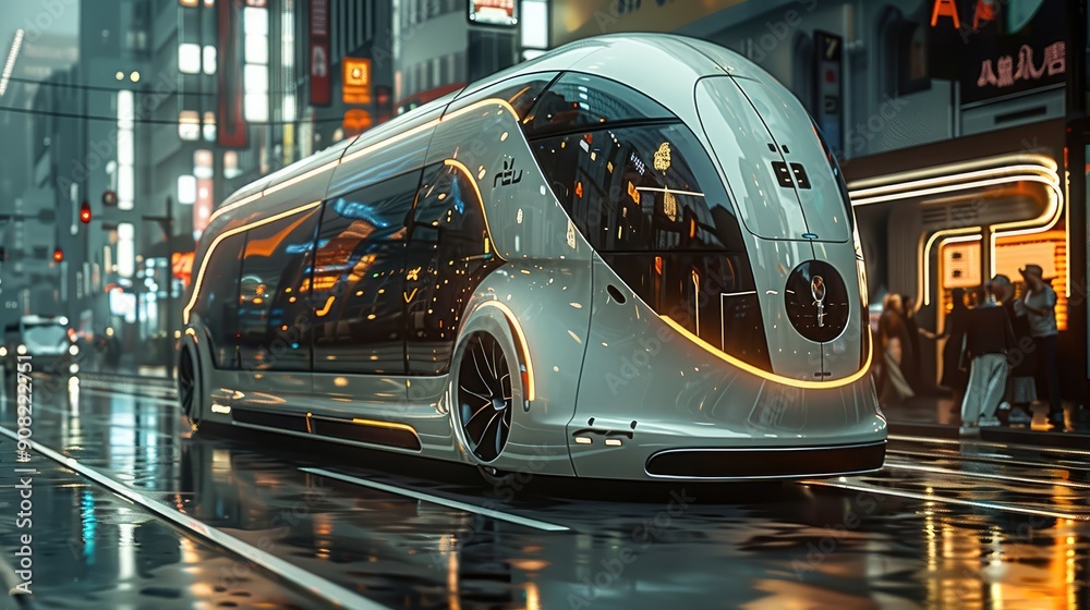 Poster futuristic bus in a modern city. generative ai.