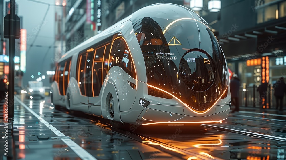 Poster futuristic bus in a modern city. generative ai.