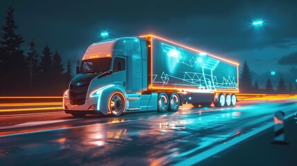 Autonomous Trucking: Advanced Technology Transforming Big White Semi-Truck into Futuristic Digital Twin on Highway
