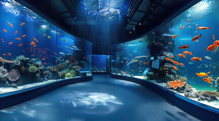 Oceanarium, various marine fish, special display boards, creative mechanical physics with multimedia interactive equipment. Generative AI.