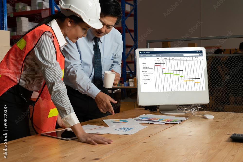 Poster project planning software for modish business project management on the computer screen showing time