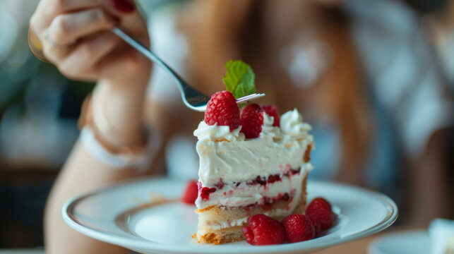 Customer enjoying a slice of creamy raspberry dessert at a cozy caf&eacute; in the afternoon