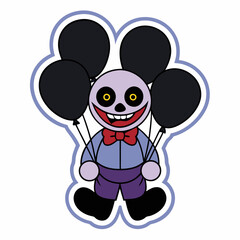 A creepy clown holding a bunch of black balloons