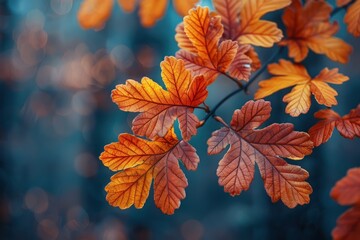 Obraz premium Close-up of autumn leaves on an oak tree branch, with a blurred background of forest foliage.