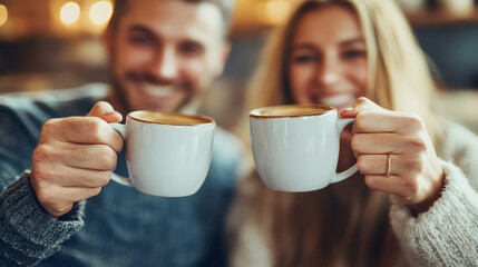 Happy couple clinking coffee cups in cozy café atmosphere during late afternoon