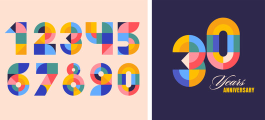 Anniversary concept design. Modern geometric style. Fireworks and celebration colorful background, set of numbers