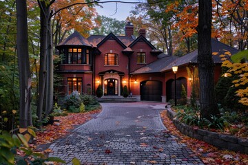 Fall Driveway. Red Brick House with Circular Driveway and Triple Garage in Toronto Forest Setting