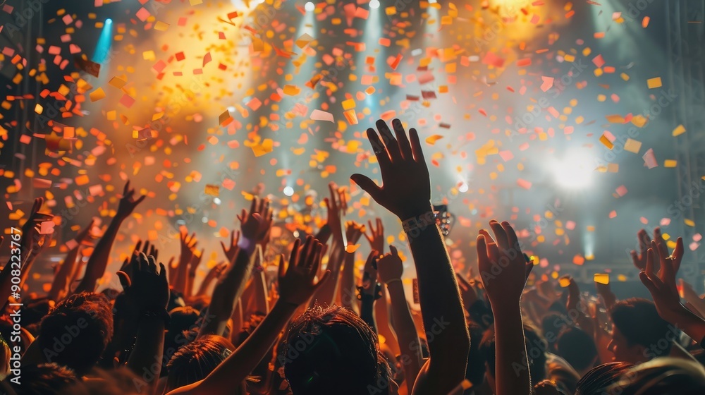 Poster crowds celebrating with joyful a band. generative ai.