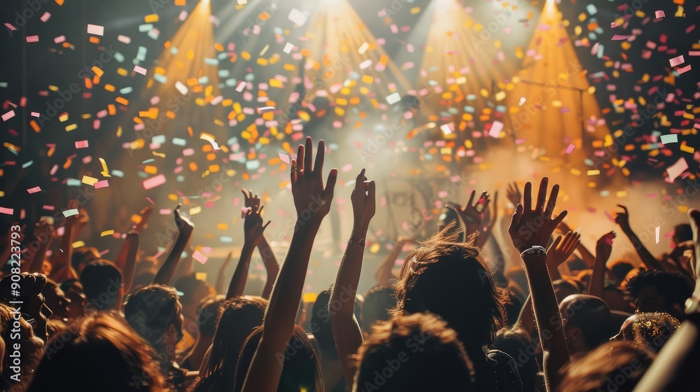 Poster crowds celebrating with joyful a band. generative ai.