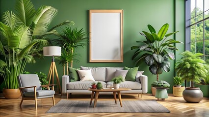 Tropical Scandinavian Living Room with Botanical Poster Mockup  Generative AI