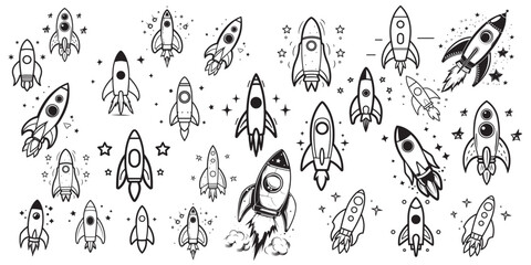 Set of rocket vector icons. Launch spaceship or spacecraft. Rocket fast flying for space. New business start up.	