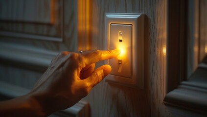 Close-up of hand turning on light switch, hand close up, light from the lamp.
