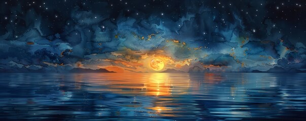 Abstract moonlit river with stars in watercolor on white.