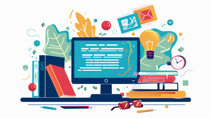 Educational computer screen surrounded by learning materials in a study space during daylight hours