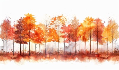 Watercolor abstract autumn forest on white.