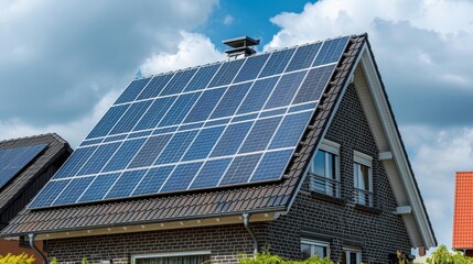 Fototapeta premium Solar Panels on a Brick House, Blue Sky and White Clouds, Photo, Solar Energy, Green Energy, Renewable Energy , Roof