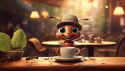 "Leafy Café Delights: An Ant's Serene Coffee Sip"