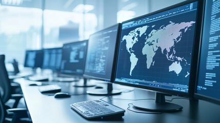 Fototapeta premium Control Office Room Full of Monitors on Desk with World Map on Large Display Screen on Wall - Network Surveillance, Monitoring Center, Technical Support, Logistics, Server Station