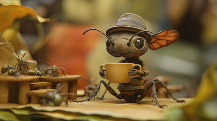 "Leafy Café Delights: An Ant's Serene Coffee Sip"